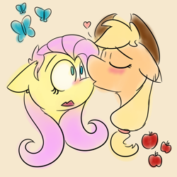 Size: 4000x4000 | Tagged: safe, artist:antimationyt, imported from derpibooru, applejack, fluttershy, butterfly, pony, apple, appleshy, blushing, bust, cute, female, floppy ears, food, jackabetes, kiss, kissing, lesbian, nose kiss, shipping, shyabetes