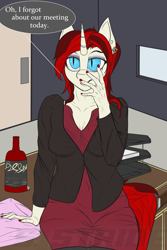Size: 1498x2244 | Tagged: safe, artist:shade stride, imported from derpibooru, oc, oc:ruby tip, anthro, unicorn, bat eyes, bottle, clothes, desk, dress, female, implied second character, office, simple background, sitting, text, watermark, wine bottle