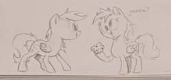 Size: 2048x967 | Tagged: safe, artist:mellodillo, imported from derpibooru, derpy hooves, pegasus, pony, duo, female, food, grayscale, hoof hold, mare, monochrome, muffin, self paradox, self ponidox, sketch, that pony sure does love muffins, traditional art