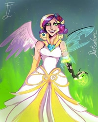 Size: 540x674 | Tagged: safe, artist:darksinfonic, imported from derpibooru, princess cadance, queen chrysalis, human, a canterlot wedding, clothes, dress, evil grin, fake cadance, grin, humanized, marriage, scene interpretation, shapeshifting, smiling, wedding, wedding dress, winged humanization, wings