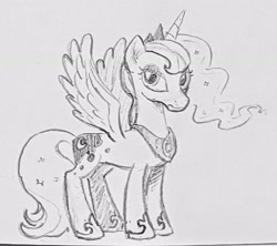 Size: 2048x1820 | Tagged: safe, artist:mellodillo, imported from derpibooru, princess luna, alicorn, pony, female, grayscale, mare, monochrome, pencil drawing, solo, spread wings, traditional art, wings