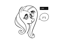 Size: 649x452 | Tagged: safe, artist:mellodillo, imported from derpibooru, fluttershy, pegasus, pony, black and white, bust, female, grayscale, mare, meta, monochrome, simple background, solo, white background, yay