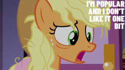 Size: 1280x720 | Tagged: safe, edit, edited screencap, editor:quoterific, imported from derpibooru, screencap, applejack, earth pony, pony, fame and misfortune, season 7, applejack's hat, carousel boutique, close-up, cowboy hat, female, hat, mare, messy hair, solo