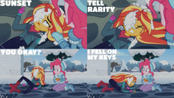 Size: 1280x720 | Tagged: safe, edit, edited screencap, editor:quoterific, imported from derpibooru, screencap, pinkie pie, sunset shimmer, equestria girls, equestria girls series, holidays unwrapped, spoiler:eqg series (season 2), duo, duo female, eyes closed, female, food, open mouth, saving pinkie's pie, snow, souffle