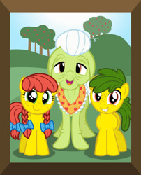 Size: 1280x1584 | Tagged: safe, artist:aleximusprime, imported from derpibooru, granny smith, oc, oc:annie smith, oc:apple chip, fanfic:apple family memories, flurry heart's story, apple twins, bow, framed picture, freckles, older, pigtails, wrinkles