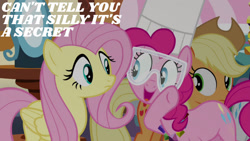 Size: 1280x720 | Tagged: safe, edit, edited screencap, editor:quoterific, imported from derpibooru, screencap, applejack, fluttershy, pinkie pie, rarity, earth pony, pegasus, pony, unicorn, maud pie (episode), season 4, applejack's hat, cowboy hat, female, goggles, hat, mare, offscreen character, open mouth, smiling, sugarcube corner