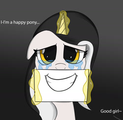 Size: 1746x1701 | Tagged: safe, artist:bestponies, imported from derpibooru, oc, oc only, oc:diamond horseshoe, pony, unicorn, crying, depressed, dialogue, eyelashes, fake smile, female, floppy ears, glowing horn, good girl, gradient background, gray background, grin, horn, levitation, magic, mare, offscreen character, sad, simple background, smiling, solo, telekinesis, unicorn oc, vent art, yellow eyes