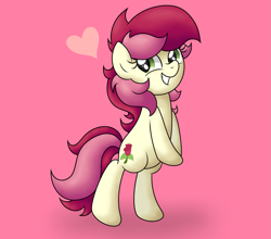 Size: 3769x3316 | Tagged: safe, artist:background basset, imported from derpibooru, roseluck, earth pony, pony, bipedal, bipedal leaning, female, gradient background, grin, heart, high res, leaning, looking at you, simple background, smiling, smiling at you, solo