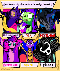 Size: 744x888 | Tagged: safe, artist:spirodraw, imported from derpibooru, pinkie pie, dragon, earth pony, ghost, pony, undead, six fanarts, bust, crossover, devilman, female, gir, hollow knight, horns, invader zim, male, mare, smiling, spyro the dragon, spyro the dragon (series), wings