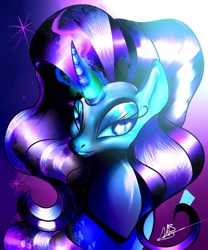 Size: 816x979 | Tagged: safe, artist:spirodraw, imported from derpibooru, nightmare rarity, pony, unicorn, abstract background, bedroom eyes, eyelashes, female, glowing horn, horn, mare, signature, smiling, solo