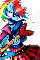 Size: 1983x2973 | Tagged: safe, artist:liaaqila, imported from derpibooru, rainbow dash, anthro, clothes, electric guitar, female, guitar, musical instrument, rock (music), simple background, skirt, smiling, solo