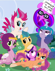 Size: 1960x2548 | Tagged: safe, artist:lynnthenerdkitty, imported from derpibooru, hitch trailblazer, izzy moonbow, pipp petals, sunny starscout, zipp storm, oc, oc:andromeda vela, oc:tilly, spoiler:g5, g4, g5, g5 to g4, lidded eyes, looking at you, mane five (g5)