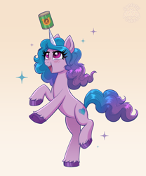 Size: 3484x4179 | Tagged: safe, artist:confetticakez, imported from derpibooru, izzy moonbow, pony, unicorn, beans, blushing, can, cute, digital art, female, food, g5, happy, high res, izzy's beans, izzybetes, looking up, mare, missing accessory, my little pony: a new generation, open mouth, rearing, simple background, smiling, solo, sparkles, that pony sure does love beans, unshorn fetlocks, white background