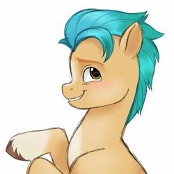 Size: 2500x2500 | Tagged: safe, artist:beatlinked, imported from derpibooru, hitch trailblazer, earth pony, pony, blaze (coat marking), blushing, coat markings, facial markings, flattered, flustered, g5, high res, looking at you, male, pale belly, simple background, smiling, socks (coat markings), solo, stallion, white background