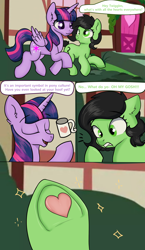 Size: 2420x4160 | Tagged: safe, artist:dumbwoofer, imported from derpibooru, twilight sparkle, oc, oc:filly anon, alicorn, pony, comic, female, filly, frog (hoof), heart, heart hoof, hoof heart, mug, shocked, shocked expression, text, twilight sparkle (alicorn), underhoof