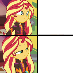 Size: 1300x1300 | Tagged: safe, imported from derpibooru, sunset shimmer, equestria girls, equestria girls series, sunset's backstage pass!, spoiler:eqg series (season 2), exploitable meme, hotline bling, meme, music festival outfit, smugset shimmer, sunset shimmer is not amused, template, unamused