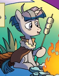 Size: 434x564 | Tagged: safe, artist:tonyfleecs, idw, imported from derpibooru, stygian, pony, unicorn, spoiler:comiclom8, campfire, camping, cloak, clothes, food, male, marshmallow, stallion