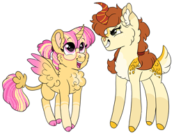 Size: 2123x1654 | Tagged: safe, artist:moccabliss, imported from derpibooru, oc, oc only, oc:pumpkin patch, oc:summer sunrise, alicorn, hybrid, kirin, pony, female, interspecies offspring, magical lesbian spawn, mare, offspring, parent:applejack, parent:autumn blaze, parent:sunburst, parent:twilight sparkle, parents:autumnjack, parents:twiburst, simple background, white background