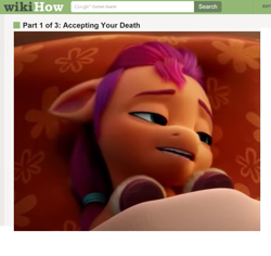 Size: 587x555 | Tagged: safe, edit, edited screencap, imported from derpibooru, screencap, sunny starscout, spoiler:my little pony: a new generation, 3d, bed, female, g5, implied death, mare, my little pony: a new generation, wikihow