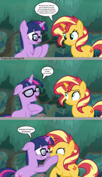 Size: 1141x1985 | Tagged: safe, artist:silverbuller, edit, edited edit, edited screencap, editor:enrique zx, imported from derpibooru, screencap, sci-twi, sunset shimmer, twilight sparkle, pony, unicorn, equestria girls, equestria girls series, spring breakdown, spoiler:eqg series (season 2), comic, dialogue, duo, equestria girls ponified, face grab, glasses, ponified, screencap comic, spanish, speech bubble, translation, translator:enrique zx, unicorn sci-twi, we don't normally wear clothes