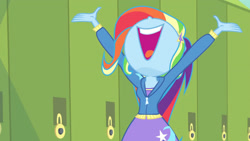 Size: 3410x1920 | Tagged: safe, imported from derpibooru, screencap, trixie, best trends forever, equestria girls, equestria girls series, best trends forever: rainbow dash, clothes, cutie mark, cutie mark on clothes, female, hoodie, lockers, nose in the air, open mouth, solo