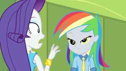 Size: 3410x1920 | Tagged: safe, imported from derpibooru, screencap, derpy hooves, rarity, best trends forever, equestria girls, equestria girls series, best trends forever: rainbow dash, bracelet, female, jewelry, lockers, open mouth, rarity peplum dress, smiling