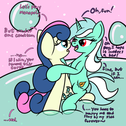 Size: 2000x2000 | Tagged: safe, artist:dafiltafish, imported from derpibooru, bon bon, lyra heartstrings, sweetie drops, oc, oc:hedone, earth pony, pony, unicorn, comic:day by day, blushing, dialogue, female, high res, lesbian, lyrabon, shapeshifter, shipping