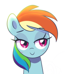 Size: 441x499 | Tagged: safe, artist:darkynez, imported from derpibooru, rainbow dash, pegasus, pony, bedroom eyes, blushing, bust, c:, cute, female, lidded eyes, mare, portrait, simple background, smiling, solo, white background