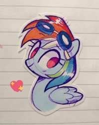 Size: 817x1024 | Tagged: safe, artist:darkynez, imported from derpibooru, rainbow dash, pegasus, pony, aviator goggles, eyebrows, eyebrows visible through hair, female, folded wings, goggles, heart, lined paper, mare, smiling, solo, traditional art, wings
