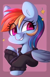 Size: 947x1440 | Tagged: safe, artist:sakukitty, imported from derpibooru, rainbow dash, pegasus, pony, bust, clothes, eye clipping through hair, eyebrows, eyebrows visible through hair, female, gritted teeth, hoodie, mare, smiling, solo, teeth