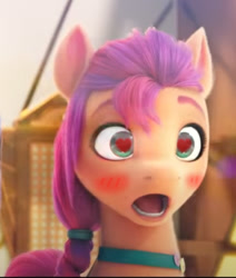 Size: 452x534 | Tagged: safe, edit, edited screencap, imported from derpibooru, screencap, sunny starscout, earth pony, pony, spoiler:my little pony: a new generation, 3d, :o, blushing, cropped, g5, heart eyes, my little pony: a new generation, open mouth, reflection, shocked, solo, wingding eyes