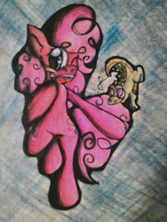 Size: 1200x1600 | Tagged: safe, alternate version, artist:spirodraw, imported from derpibooru, gummy, pinkie pie, alligator, earth pony, pony, bipedal, biting, both cutie marks, colored, duo, female, mare, one eye closed, tail bite, traditional art, wink