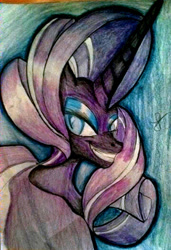 Size: 720x1052 | Tagged: safe, artist:spirodraw, imported from derpibooru, nightmare rarity, pony, unicorn, bust, female, grin, horn, makeup, mare, smiling, solo, traditional art