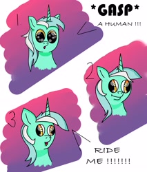 Size: 3456x4056 | Tagged: safe, artist:goldlines005, imported from derpibooru, lyra heartstrings, pony, unicorn, abstract background, bust, comic, derp, female, horn, humie, mare, talking, that pony sure does love humans