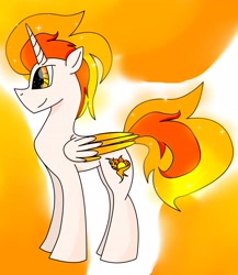 Size: 3280x3784 | Tagged: safe, artist:goldlines005, imported from derpibooru, oc, oc only, oc:sunrise, alicorn, pony, abstract background, alicorn oc, high res, horn, male, parent:princess celestia, smiling, solo, stallion, two toned wings, wings