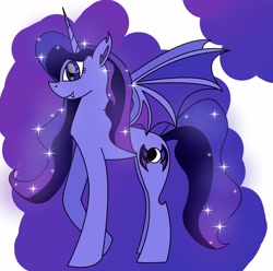 Size: 3228x3200 | Tagged: safe, artist:goldlines005, imported from derpibooru, oc, oc only, oc:moonshine, alicorn, bat pony, bat pony alicorn, pony, abstract background, alicorn oc, bat pony oc, bat wings, ethereal mane, female, high res, horn, mare, parent:princess luna, raised hoof, solo, starry mane, wings