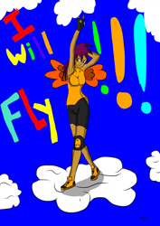 Size: 1240x1754 | Tagged: safe, artist:foxgearstudios, imported from derpibooru, scootaloo, human, arm behind head, clothes, cloud, dark skin, female, fingerless gloves, gloves, humanized, on a cloud, shorts, solo, winged humanization, wings