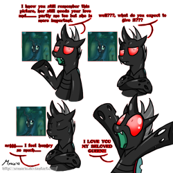 Size: 1318x1318 | Tagged: safe, artist:srmario, imported from derpibooru, oc, oc:reinflak, changeling, changeling queen, bust, changeling oc, crossed arms, female, male, open mouth, red changeling, red eyes, signature, simple background, talking, transparent background