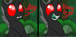 Size: 1217x600 | Tagged: safe, artist:srmario, imported from derpibooru, oc, oc only, oc:reinflak, changeling, changeling oc, cute, cuteling, duo, male, outdoors, red changeling, red eyes, smiling, talking