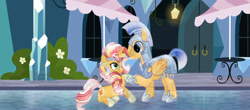 Size: 1280x565 | Tagged: safe, artist:princessaquaaura, imported from derpibooru, flash sentry, sunset shimmer, crystal pony, pegasus, pony, unicorn, equestria girls, base used, crystal empire, female, flashimmer, male, shipping, straight