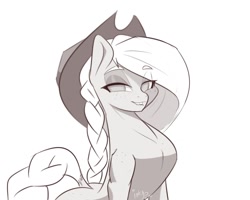 Size: 1000x798 | Tagged: safe, artist:inky_mitts, artist:inkypuso, imported from derpibooru, applejack, earth pony, pony, bedroom eyes, braid, braided tail, dock, eyebrows, eyebrows visible through hair, eyeshadow, grayscale, grin, looking at you, makeup, monochrome, simple background, smiling, solo, white background