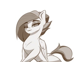 Size: 1000x798 | Tagged: safe, artist:inky_mitts, artist:inkypuso, imported from derpibooru, rainbow dash, pegasus, pony, bedroom eyes, dock, eyebrows, grayscale, looking at you, monochrome, simple background, smiling, smirk, white background