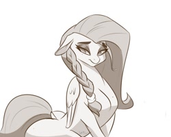 Size: 1000x798 | Tagged: safe, artist:inky_mitts, artist:inkypuso, imported from derpibooru, fluttershy, pegasus, pony, blushing, braid, breasts, busty fluttershy, cleavage, cute, daaaaaaaaaaaw, dock, eyebrows, eyebrows visible through hair, eyeshadow, floppy ears, grayscale, lidded eyes, makeup, monochrome, shyabetes, simple background, white background