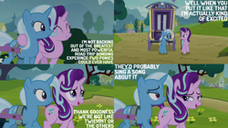 Size: 1280x720 | Tagged: safe, edit, edited screencap, editor:quoterific, imported from derpibooru, screencap, starlight glimmer, trixie, pony, unicorn, road to friendship, season 8, spoiler:s08, ^^, cute, diatrixes, eyes closed, female, genre savvy, glimmerbetes, mare, open mouth, smiling, trixie's wagon, wagon, walking