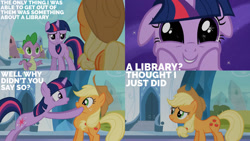 Size: 1280x720 | Tagged: safe, edit, edited screencap, editor:quoterific, imported from derpibooru, screencap, applejack, spike, twilight sparkle, dragon, earth pony, pony, unicorn, season 3, the crystal empire, applejack's hat, bipedal, book, cowboy hat, cute, floppy ears, hat, open mouth, smiling, that pony sure does love books, twiabetes, unicorn twilight