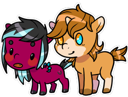 Size: 1444x1096 | Tagged: safe, artist:sexygoatgod, imported from derpibooru, oc, oc only, oc:razzmatazz gleam, oc:sunny, bat pony, hybrid, pegasus, pony, unicorn, blush sticker, blushing, chibi, duo, heterochromia, open mouth, simple background, smiling, transparent background