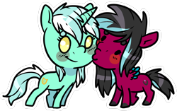 Size: 1184x744 | Tagged: safe, artist:sexygoatgod, imported from derpibooru, lyra heartstrings, oc, oc:razzmatazz gleam, bat pony, hybrid, pegasus, pony, unicorn, blush sticker, blushing, canon x oc, cheek kiss, chibi, duo, female, kiss on the cheek, kissing, lesbian, simple background, smiling, transparent background