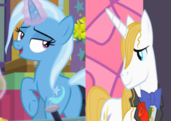 Size: 820x579 | Tagged: safe, edit, edited screencap, imported from derpibooru, screencap, prince blueblood, trixie, pony, unicorn, road to friendship, the best night ever, bluetrix, butt, cropped, female, lidded eyes, male, mare, plot, raised hoof, shipping, shipping domino, stallion, straight, underhoof, wet, wet mane