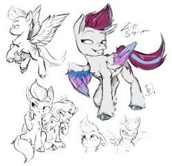 Size: 1410x1362 | Tagged: safe, artist:tharkflark1, imported from derpibooru, pipp petals, zipp storm, pegasus, pony, female, g5, mare, monochrome, royal sisters (g5), siblings, sisters, sketch, smiling, unshorn fetlocks, wings