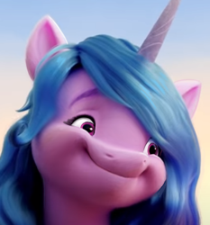 Size: 352x378 | Tagged: safe, edit, edited screencap, imported from derpibooru, screencap, izzy moonbow, pony, unicorn, 3d, bust, faic, funny, g5, my little pony: a new generation, portrait, smiling, solo